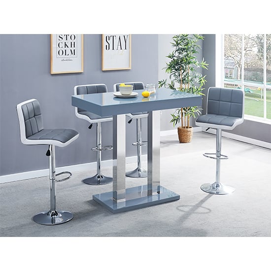 Product photograph of Caprice Grey High Gloss Bar Table 4 Copez Grey White Stools from Furniture in Fashion