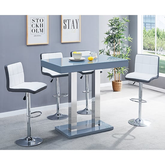 Product photograph of Caprice Grey High Gloss Bar Table 4 Copez White Grey Stools from Furniture in Fashion