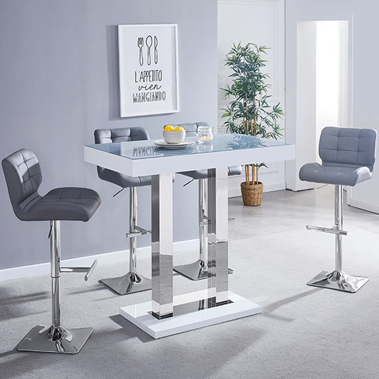 Photo of Caprice grey white gloss bar table with 4 candid grey stools