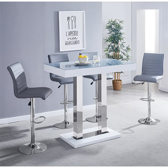 Photo of Caprice grey white gloss bar table with 4 ripple grey stools