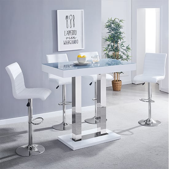 Photo of Caprice grey white gloss bar table with 4 ripple white stools