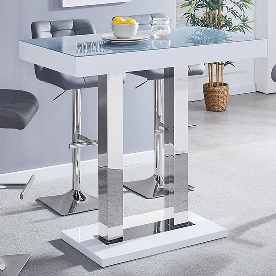 Product photograph of Caprice High Gloss Bar Table In White With Grey Glass Top from Furniture in Fashion