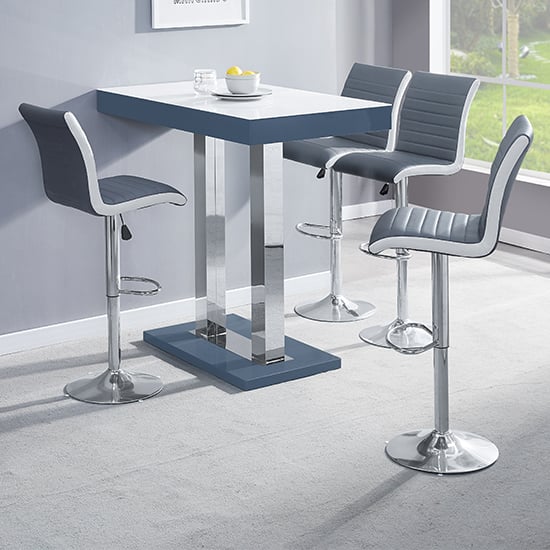 Product photograph of Caprice White Grey Gloss Bar Table 4 Ritz Grey White Stools from Furniture in Fashion