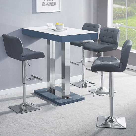 Product photograph of Caprice White Grey Gloss Bar Table With 4 Candid Grey Stools from Furniture in Fashion