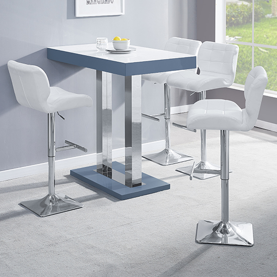 Product photograph of Caprice White Grey Gloss Bar Table With 4 Candid White Stools from Furniture in Fashion