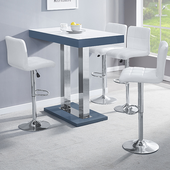 Photo of Caprice white grey gloss bar table with 4 coco white stools