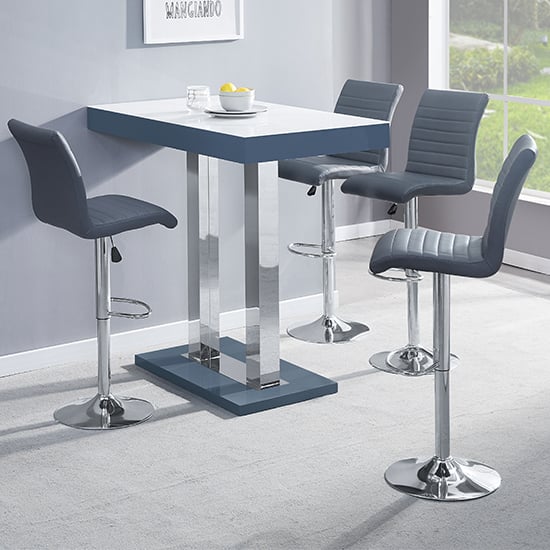 Photo of Caprice white grey gloss bar table with 4 ripple grey stools