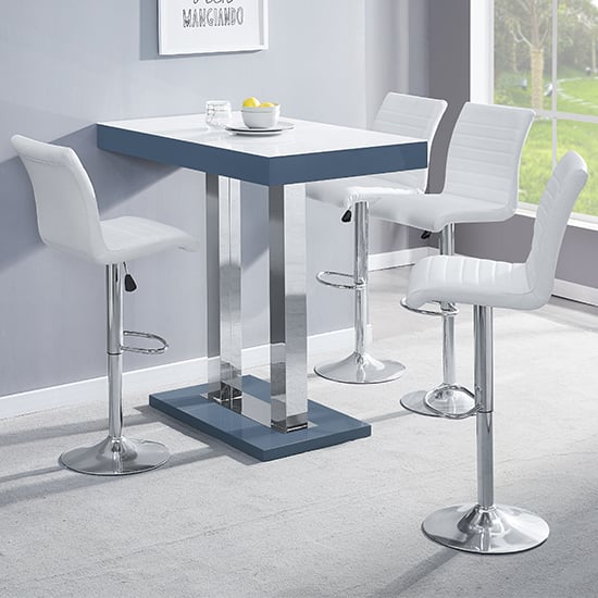 Product photograph of Caprice White Grey Gloss Bar Table With 4 Ripple White Stools from Furniture in Fashion