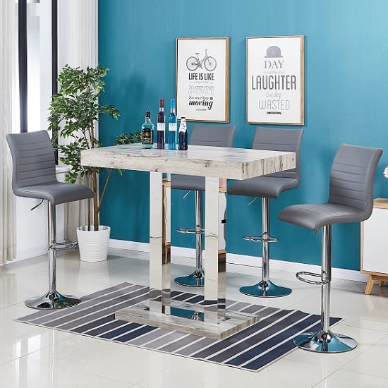 Photo of Caprice bar table in grey oak effect with 4 ripple grey stools