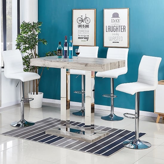 Caprice Bar Table In Grey Oak Effect And 4 Ripple White Stools