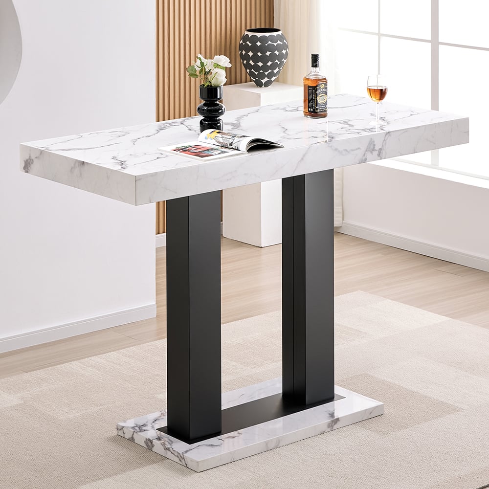 Caprice Large Gloss Bar Table With Black Base In Diva Marble Effect