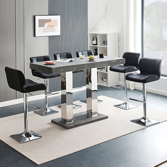 Photo of Caprice large concrete effect bar table 6 candid black stools