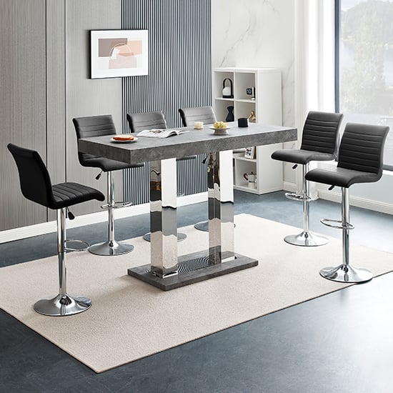 Product photograph of Caprice Large Concrete Effect Bar Table 6 Ripple Black Stools from Furniture in Fashion