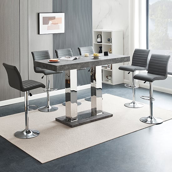 Photo of Caprice large concrete effect bar table 6 ripple grey stools