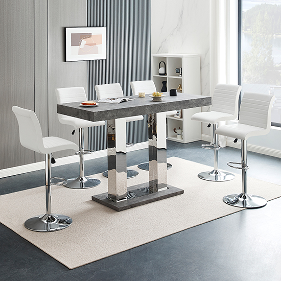 Product photograph of Caprice Large Concrete Effect Bar Table 6 Ripple White Stools from Furniture in Fashion