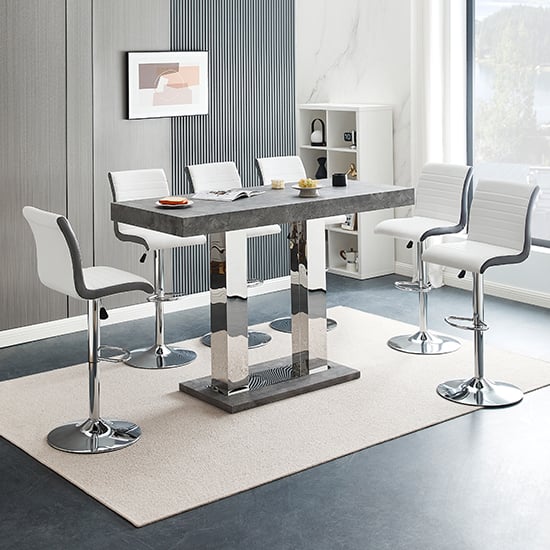 Photo of Caprice large concrete effect bar table 6 ritz white grey stools