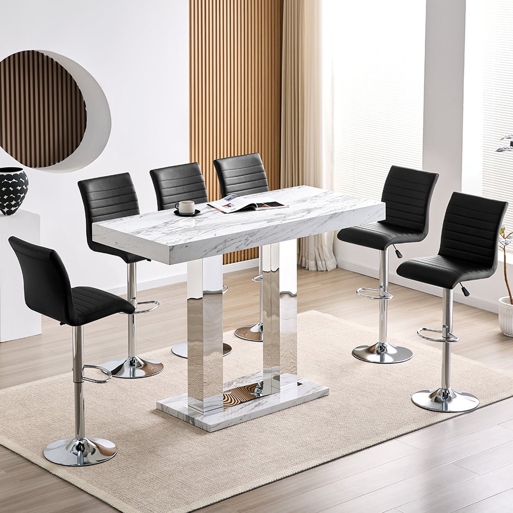 Caprice Large Filo Effect Gloss Bar Table 6 Ripple Black Stools