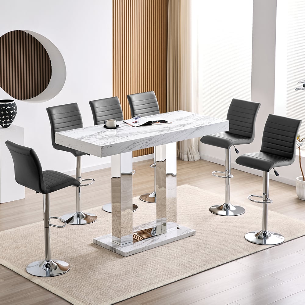 Caprice Large Filo Effect Gloss Bar Table 6 Ripple Grey Stools