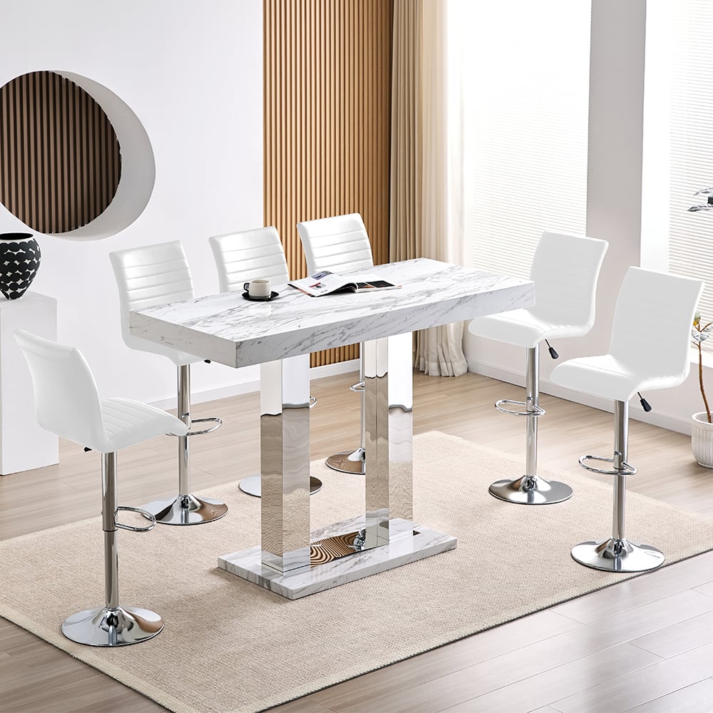 Caprice Large Filo Effect Gloss Bar Table 6 Ripple White Stools