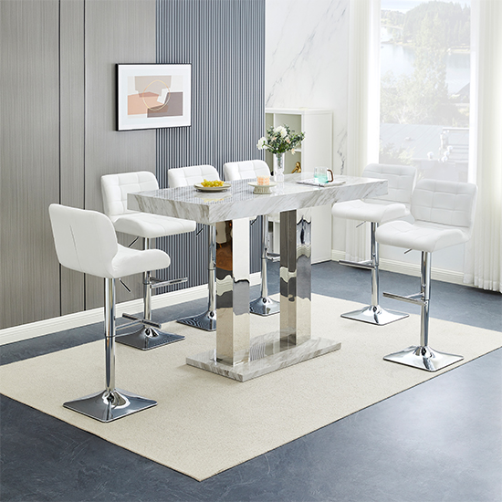 Read more about Caprice large magnesia bar table with 6 candid white stools