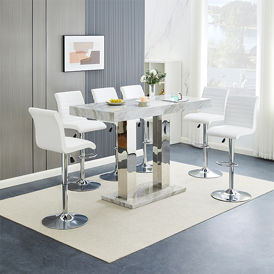 Product photograph of Caprice Large Magnesia Bar Table With 6 Ripple White Stools from Furniture in Fashion