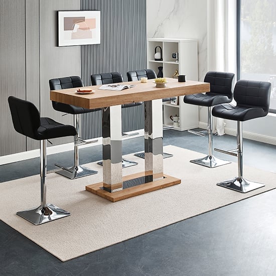 Read more about Caprice large oak effect bar table with 6 candid black stools