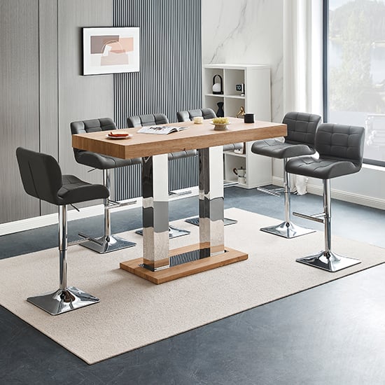 Caprice Large Oak Effect Bar Table With 6 Candid Grey Stools_1