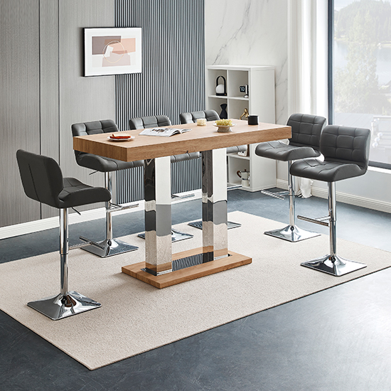 Read more about Caprice large oak effect bar table with 6 candid grey stools