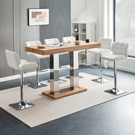 Product photograph of Caprice Large Oak Effect Bar Table With 6 Candid White Stools from Furniture in Fashion