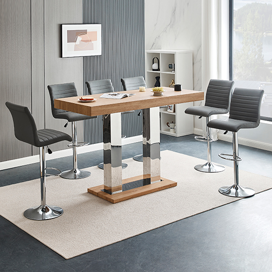 Photo of Caprice large oak effect bar table with 6 ripple grey stools