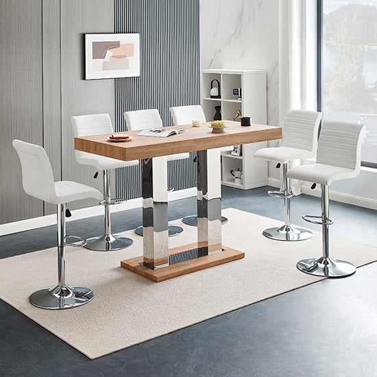 Product photograph of Caprice Large Oak Effect Bar Table With 6 Ripple White Stools from Furniture in Fashion