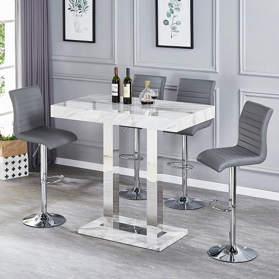 Photo of Caprice magnesia marble effect bar table 4 ripple grey stools