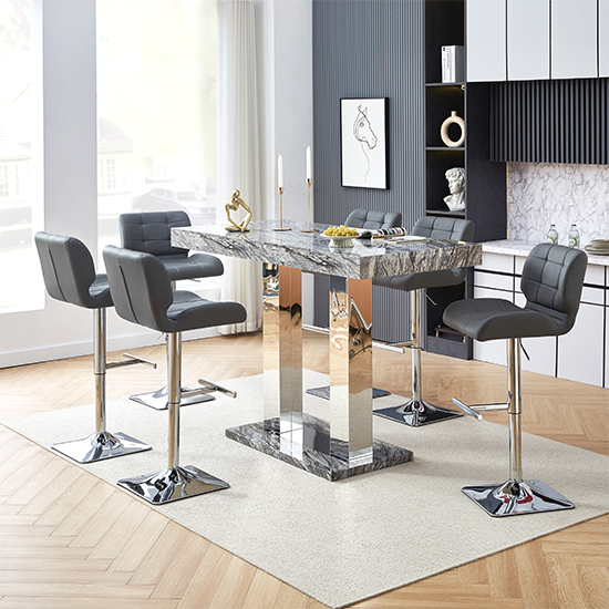 Read more about Caprice large melange effect bar table 6 candid grey stools