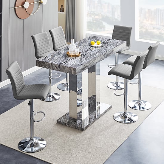 Photo of Caprice melange effect bar table large 6 ripple grey stools