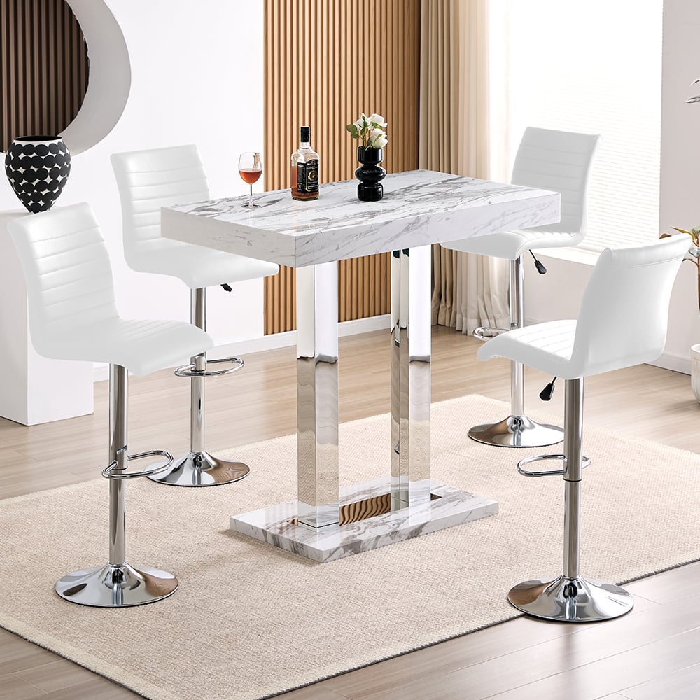 Caprice Small Filo Effect Gloss Bar Table 4 Ripple White Stools