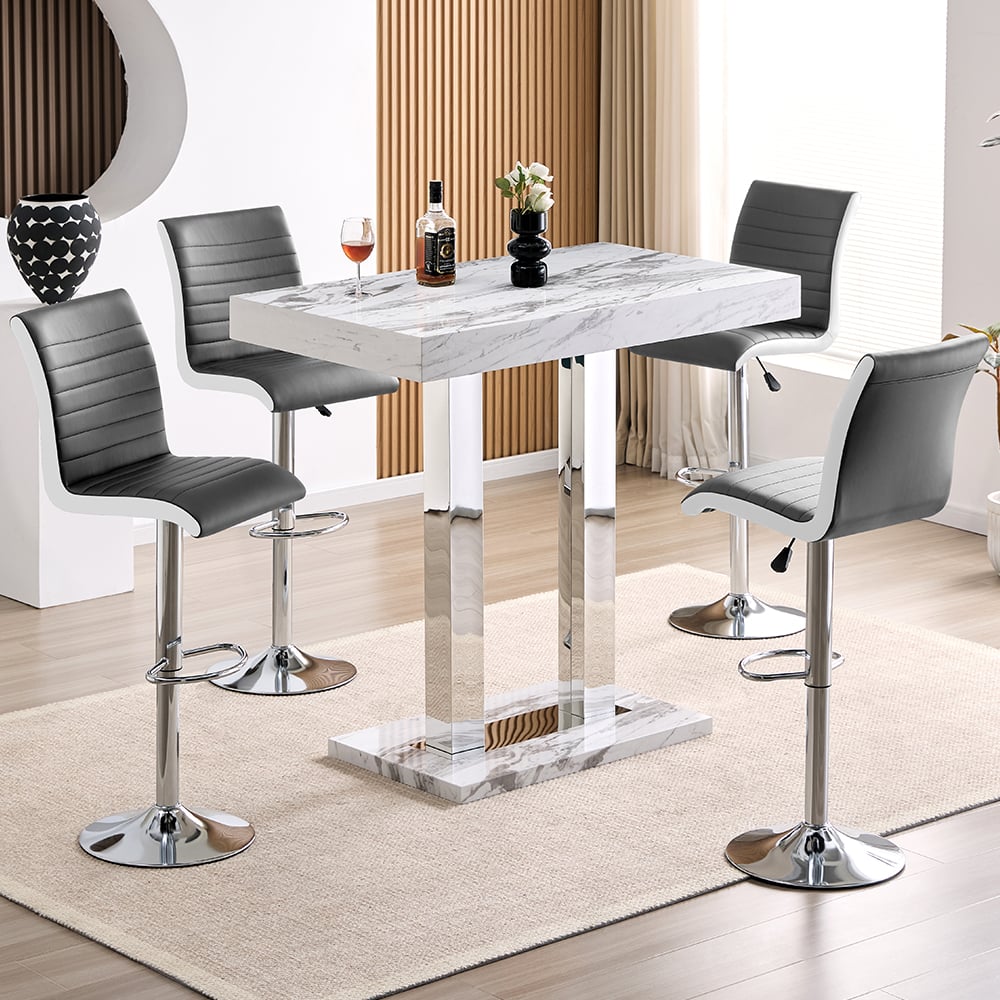 Caprice Small Filo Effect Gloss Bar Table 4 Ritz Grey White Stools