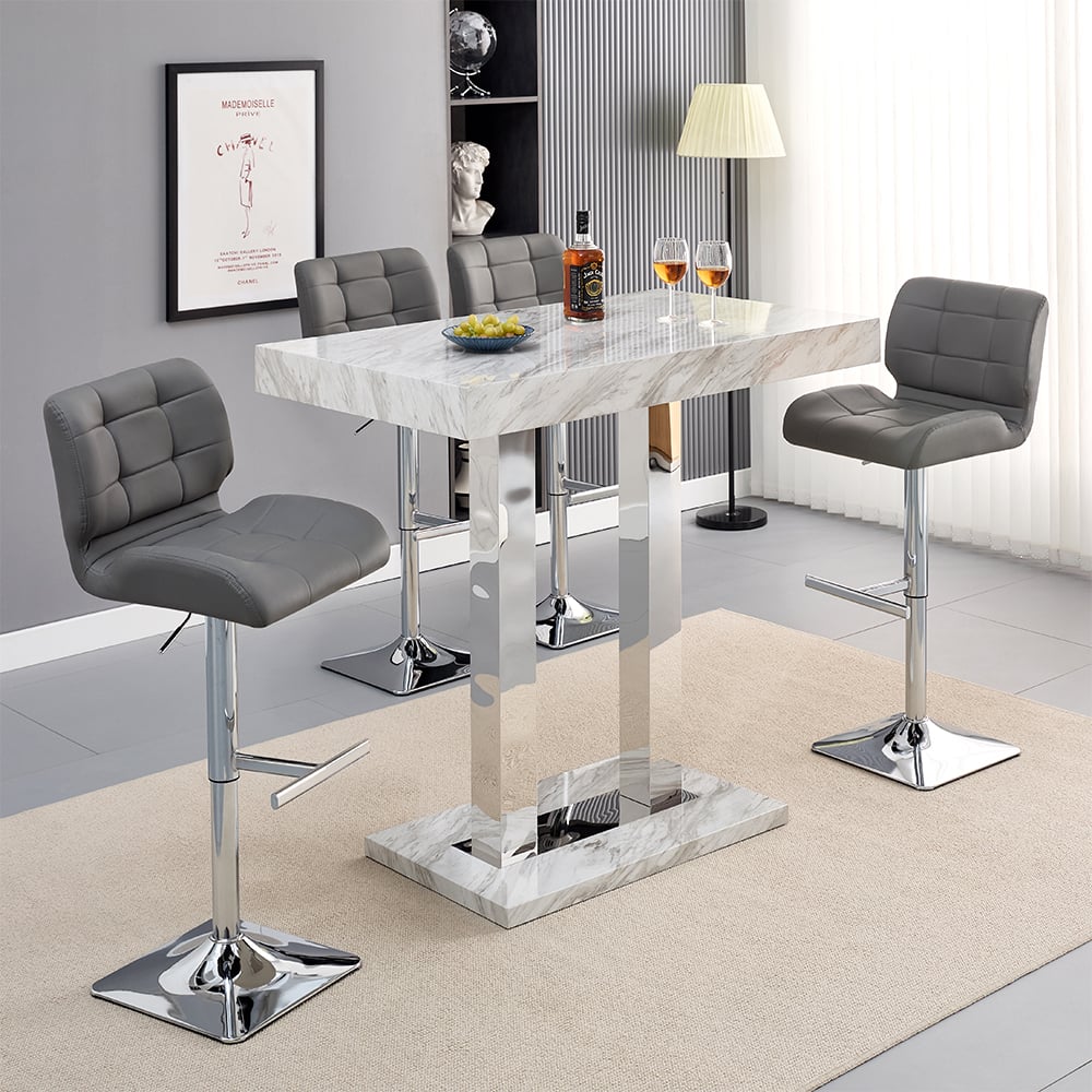 Read more about Caprice small magnesia bar table with 4 candid grey stools