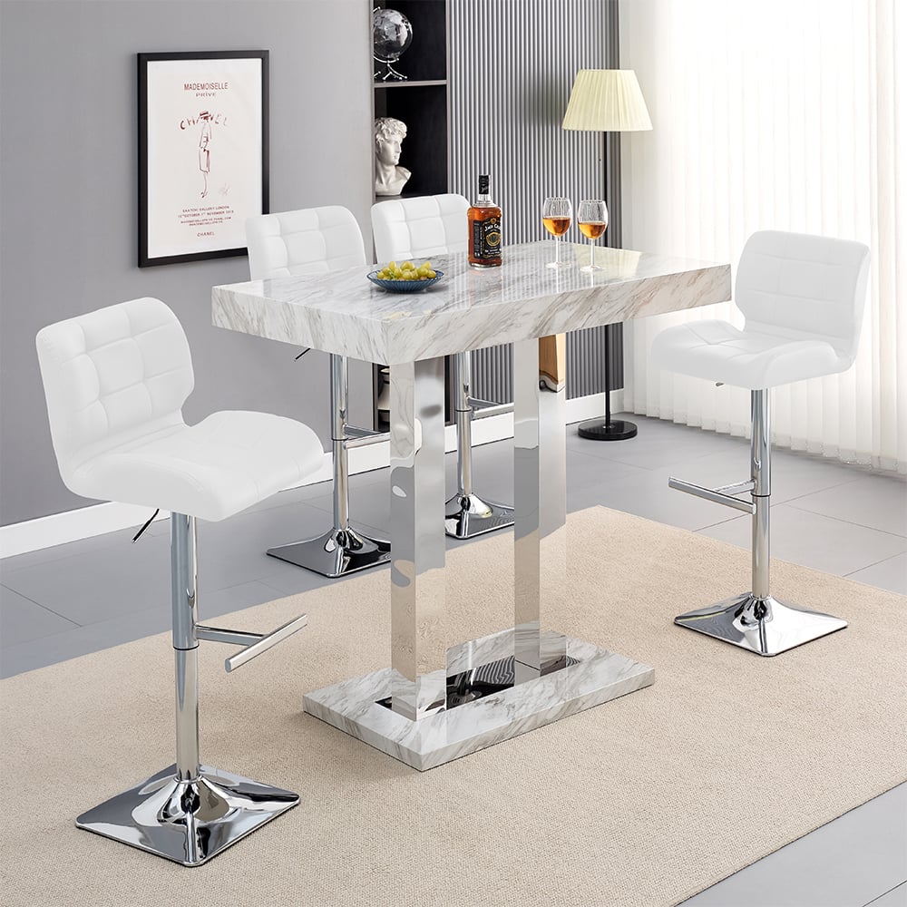 Read more about Caprice small magnesia bar table with 4 candid white stools