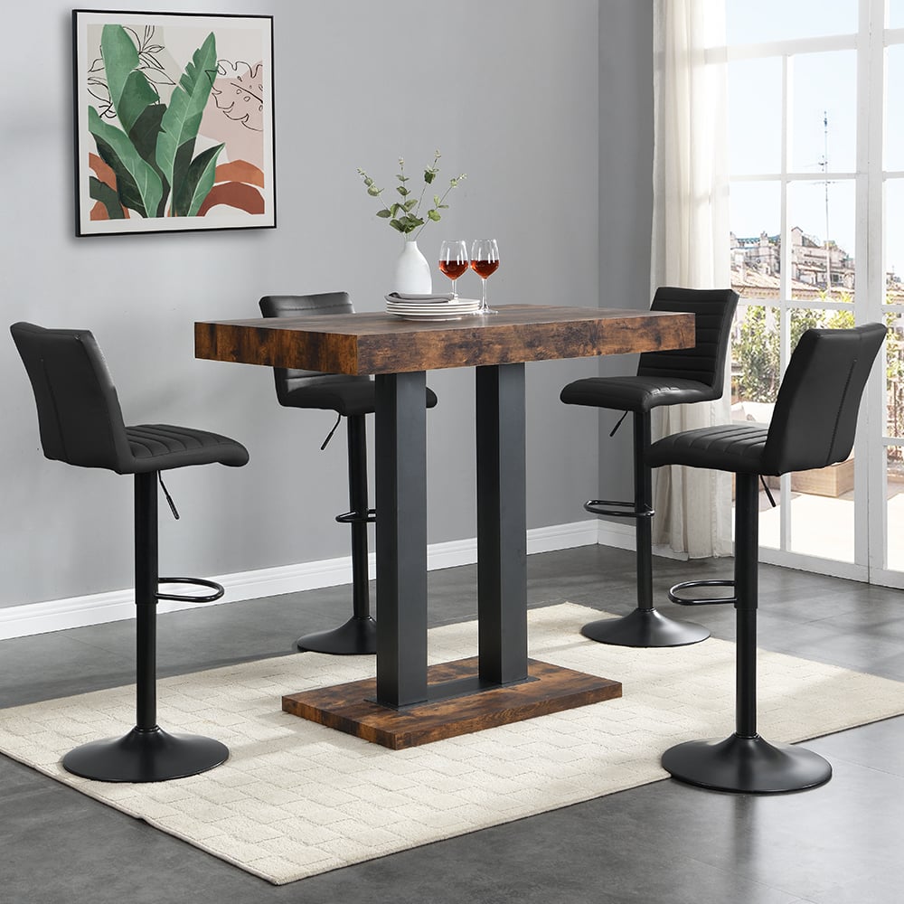 Caprice Small Rustic Oak Bar Table Black Base 4 Ripple Black Stools