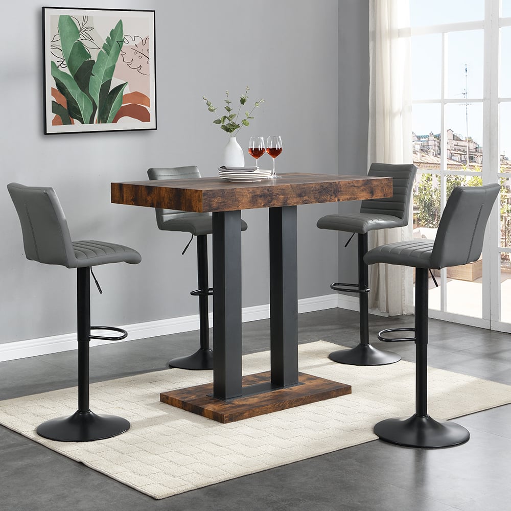 Caprice Small Rustic Oak Bar Table Black Base 4 Ripple Grey Stools