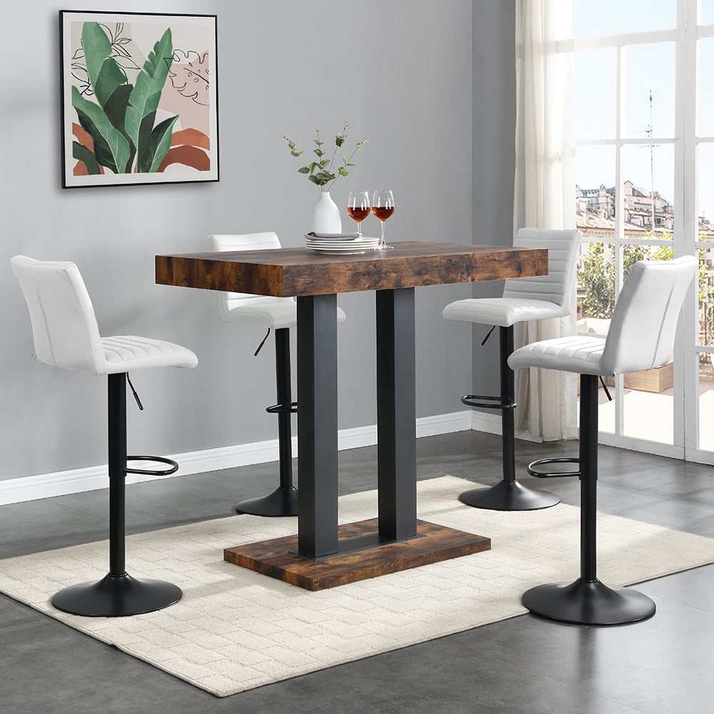 Caprice Small Rustic Oak Bar Table Black Base 4 Ripple White Stools