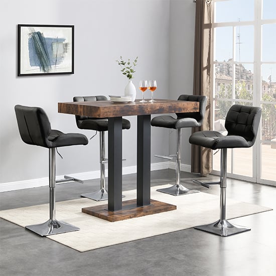 Read more about Caprice small rustic oak wooden bar table 4 candid black stools