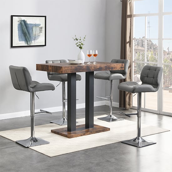 Caprice Rustic Oak Wooden Bar Table Small 4 Candid Grey Stools