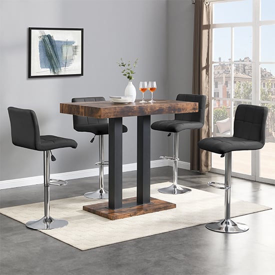 Caprice Rustic Oak Wooden Bar Table Small 4 Coco Black Stools