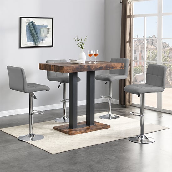 Read more about Caprice small rustic oak wooden bar table 4 coco grey stools