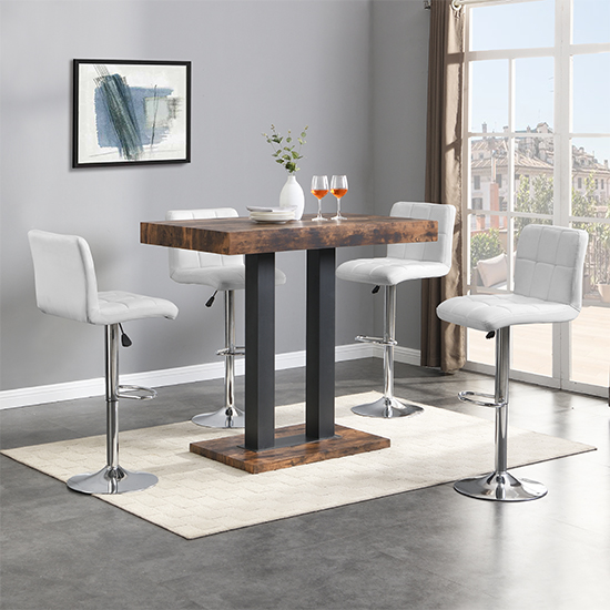 Read more about Caprice small rustic oak wooden bar table 4 coco white stools