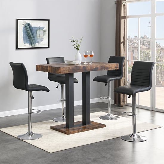Read more about Caprice small rustic oak wooden bar table 4 ripple black stools
