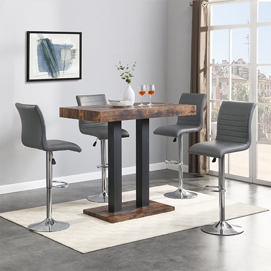 Read more about Caprice small rustic oak wooden bar table 4 ripple grey stools