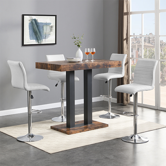 Read more about Caprice small rustic oak wooden bar table 4 ripple white stools