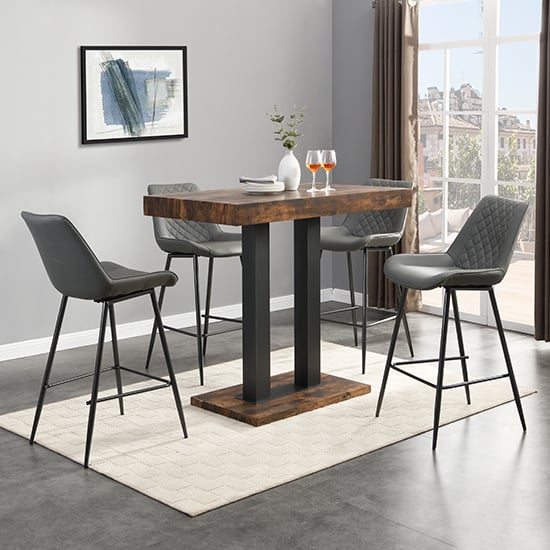Read more about Caprice small rustic oak wooden bar table 4 oston grey stools
